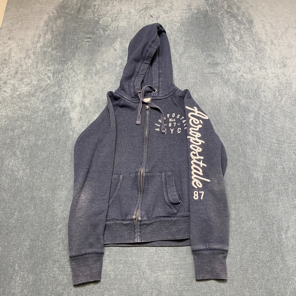 Aeropostale 87 Hoodie Womens XS Navy Blue Fleece Lined Drawstring Full Zip Cozy